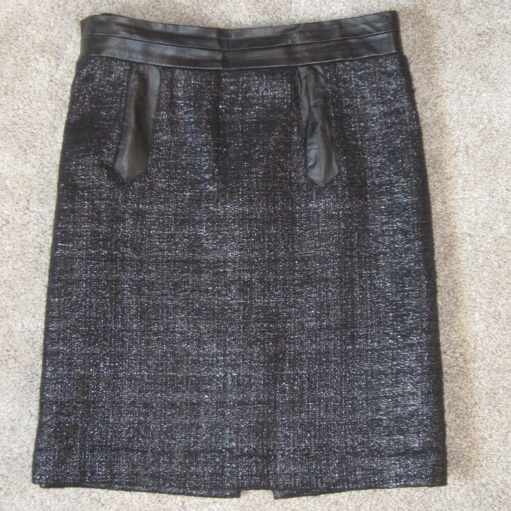 Black Pencil Skirt Sz 10~Milly Black Sparkle Tweed Skirt W/Leather Waistband Sz